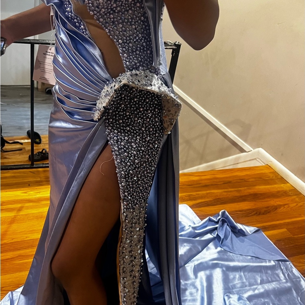 Elegant Blue Satin Gown with Silver Embellishments